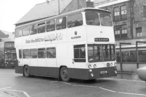 35mm Black and White Negative Blackburn Leyland Atlantean 81 UBV81L at Accrington in 1977