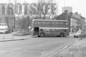 35mm Black and White Negative Ribble  Class Leyland Atlantean 1869 CRN869D at Blackburn in 1977