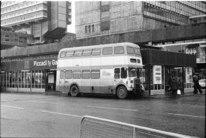 35mm Black and White Negative GMPTE  Class Leyland Titan 3128 JRJ282E at Manchester in 1977