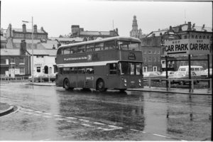 35mm Black and White Negative Ribble  Class Leyland Atlantean 1957 ECK957E at Manchester in 1977