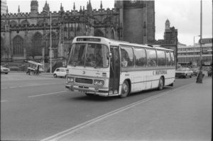 35mm Black and White Negative Ribble  Class Leyland Leopard 1083 PCW683P at Manchester in 1977