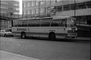35mm Black and White Negative Midland REd  Class Leyland Leopard 2252 MRF417F at Manchester in 1977