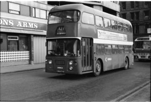 35mm Black and White Negative Ribble  Class Leyland Atlantean 1874 CRN874D at Manchester in 1977
