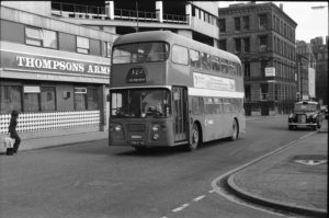 35mm Black and White Negative Ribble  Class Leyland Atlantean 1874 CRN874D at Manchester in 1977