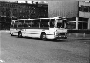 35mm Black and White Negative Ribble  Class Leyland Leopard 1075 PCW675P at Manchester in 1977