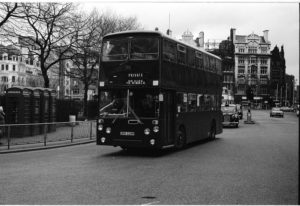35mm Black and White Negative Hyndburn Leyland Atlantean 192 URN329R at Manchester in 1977