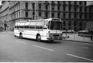 35mm Black and White Negative Ribble Leyland Leopard 1075 PCW675P at Manchester in 1977