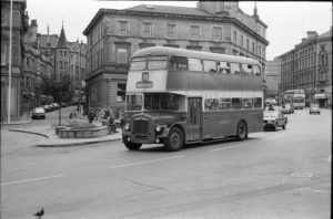 35mm Black and White Negative Huddersfield Daimler CVG6 443 EVH443C at Huddersfield in 1977