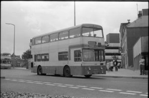 35mm Black and White Negative Metro Daimler Fleetline 4140 YVH540K at Huddersfield in 1977