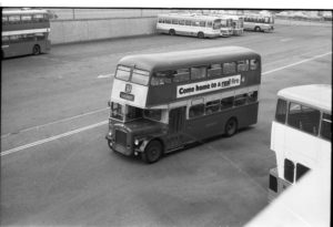35mm Black and White Negative Huddersfield Daimler CVG6 4452 EVH452C at Huddersfield in 1977