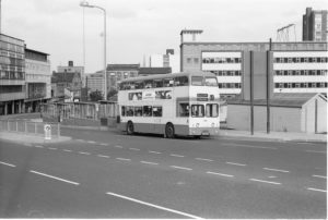 35mm Black and White Negative Metro Daimler Fleetline 4123 RCX123G at Huddersfield in 1977