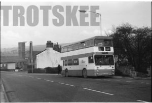 35mm Black and White Negative GMPTE Leyland Atlantean 7136 XJA527L at New Mills in 1979