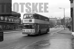 35mm Black and White Negative Greater Manchester PTE Daimler CRG6LX 4198 FJA198D at Manchester in 1978