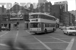 35mm Black and White Negative Greater Manchester PTE Daimler CRG6LX 4198 FJA198D at Manchester in 1979